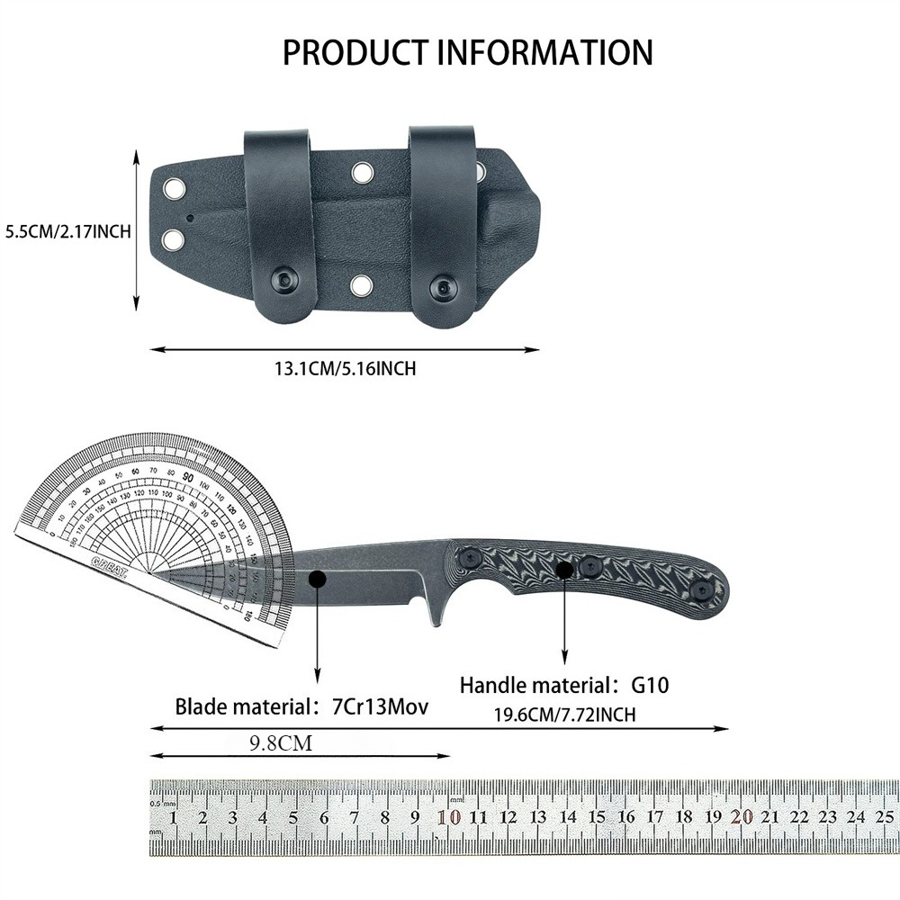 Edc Carry Fixed Blade Knife - มีดฟูลแทงค์ใบตาย 7Cr13MoV ด้าม G10 สำหรับพกพาในชีวิตประจำวัน ใช้งานกลางแจ้ง