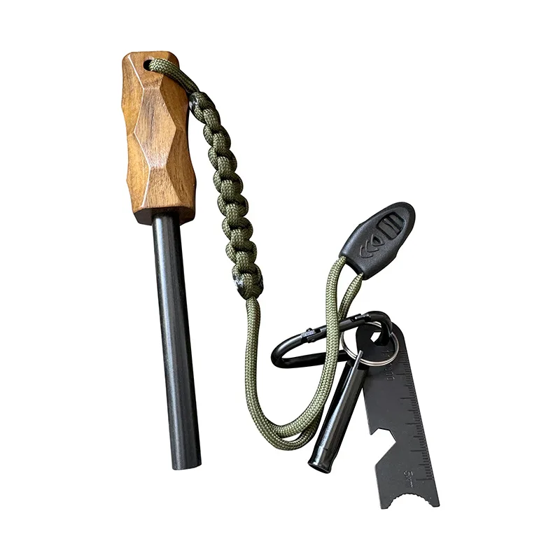 Ferro Rod Striker - ที่จุดไฟแบบใช้หินเหล็กไฟกลางแจ้งแบบใหม่ พร้อมด้ามจับไม้ แท่งแมกนีเซียมกันน้ำ เครื่องมือเอาตัวรอดสำหรับการตั้งแคมป์และการเดินป่า